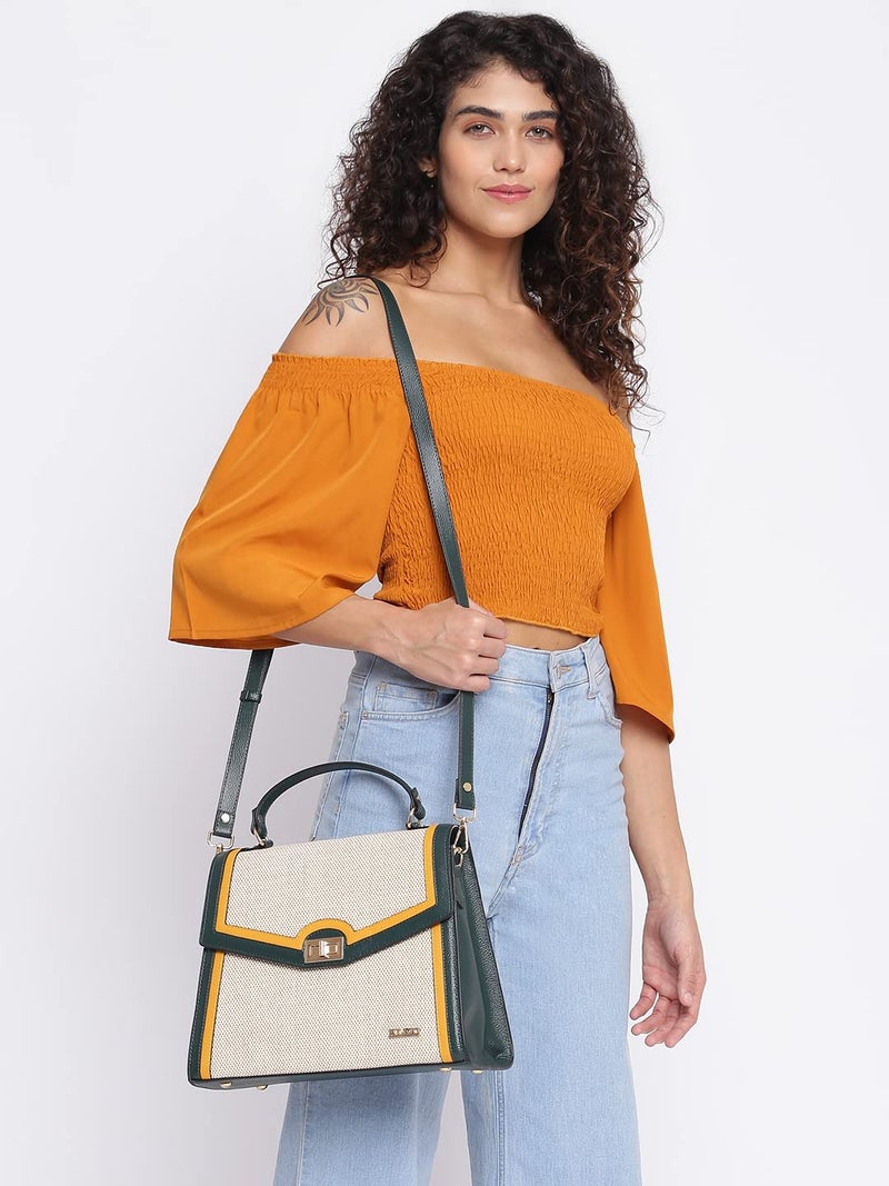 KLEIO Jute Canvas Top Handle Handbag for Women/Girls - Dark Green Mustard - Image 2